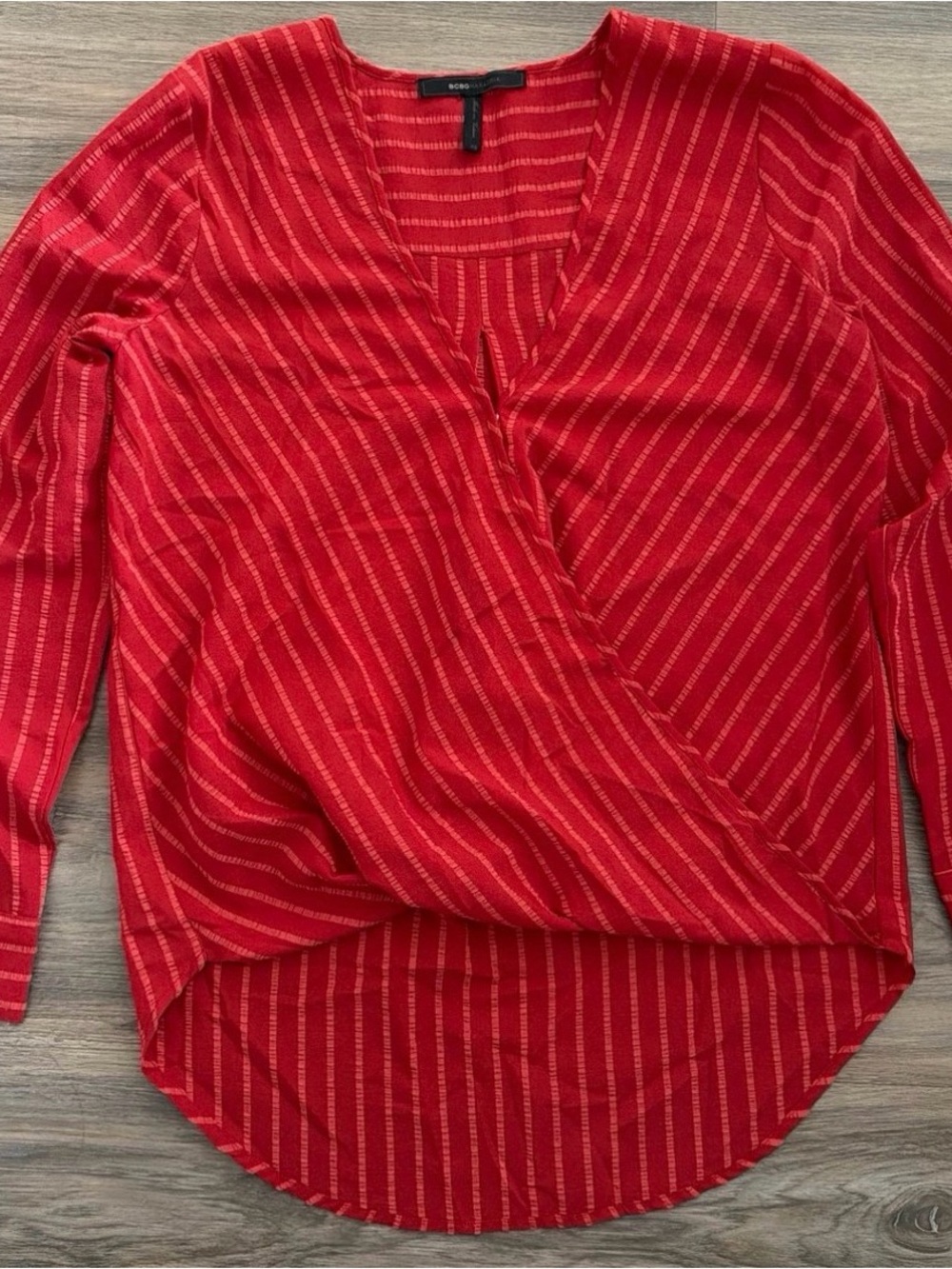 BCBGMaxAzria Red Striped Wrap-Front Blouse